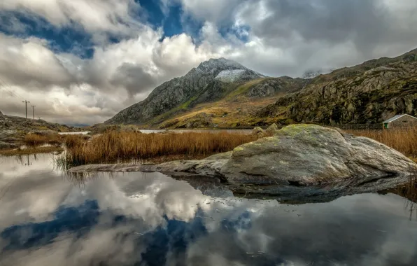 Lake, stone, mountain, Wales, Trifan