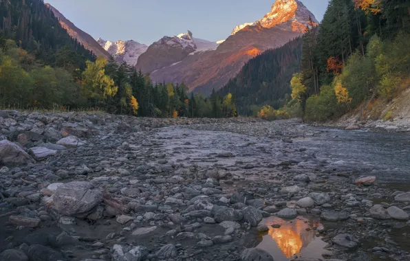 Picture landscape, mountains, nature, river, stones, morning, forest, The Caucasus