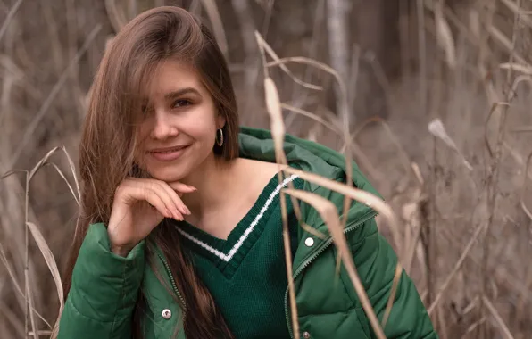 Look, girl, face, pose, smile, hands, jacket, long hair