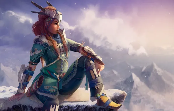 Look, girl, mountains, rocks, red, art, Horizon Zero Dawn, aloy