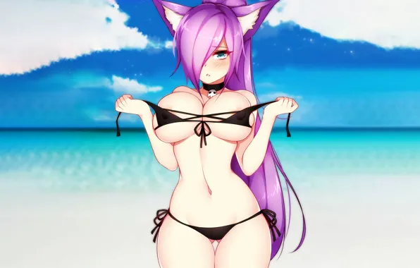 Girl, sexy, cleavage, beach, pink hair, sky, long hair, sea