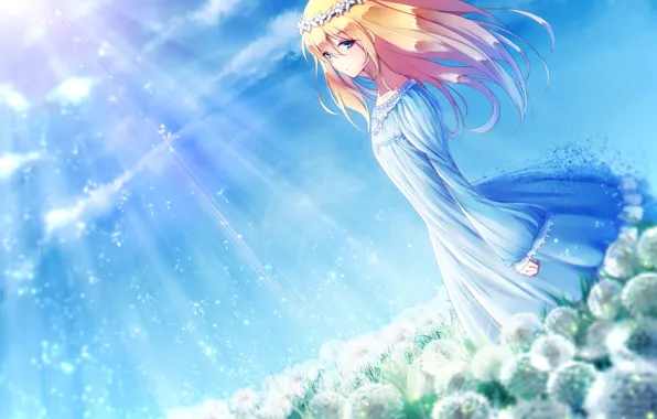 Field, the sky, girl, the sun, clouds, flowers, nature, anime