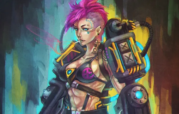 Chest, girl, cigarette, lol, cyberpunk, league of legends, Piltover Enforcer
