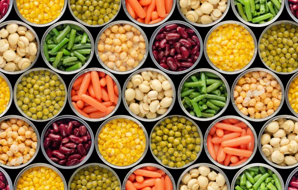 Mushrooms, polka dot, corn, banks, vegetables, colorful, carrots, a lot