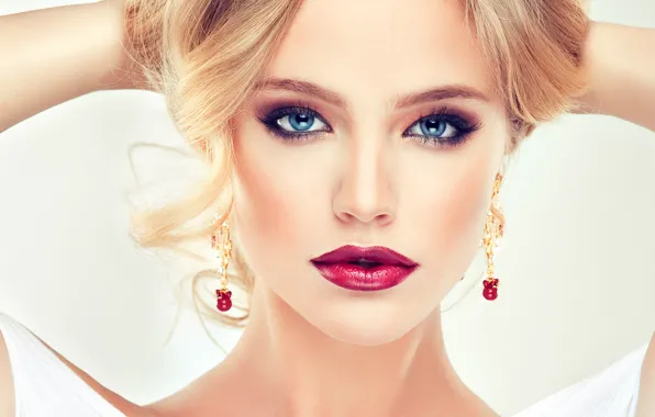 Girl, eyelashes, model, hands, makeup, lipstick, hairstyle, blonde