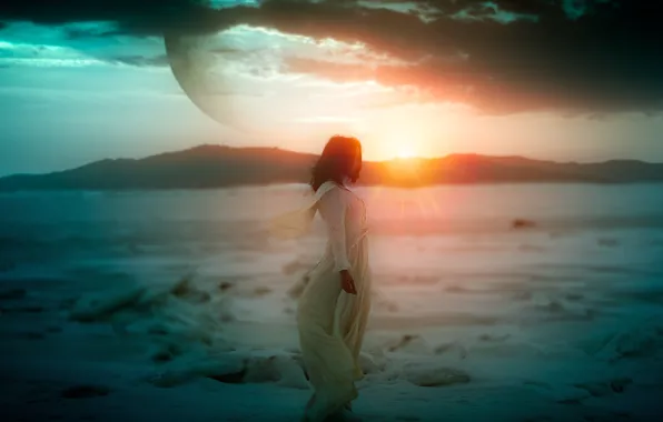 Picture winter, the sky, girl, the sun, snow, sunset, dress