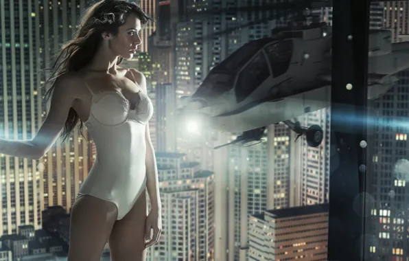 Swimsuit, girl, helicopter, brown hair, skyscrapers, one