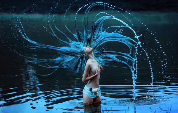 Erotic, girl, style, body, mermaid, figure, pond, blue hair