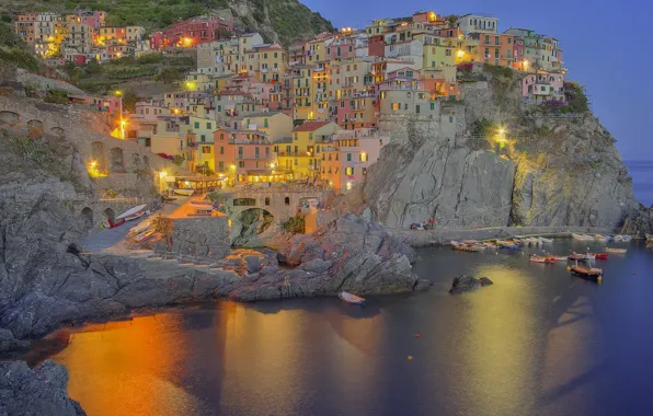 Sea, lights, rocks, home, Italy, Manarola, Liguria