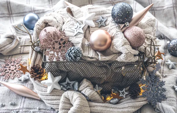 Balls, snowflakes, balls, Christmas, New year, stars, sweater, Christmas decorations