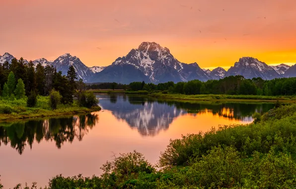 Picture landscape, sunset, mountains, river, dawn, USA, Grand Teton National Park, Oxbow Bend