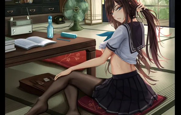 Books, fan, Japan, schoolgirl, long hair, flirting, sitting on the floor, sailor