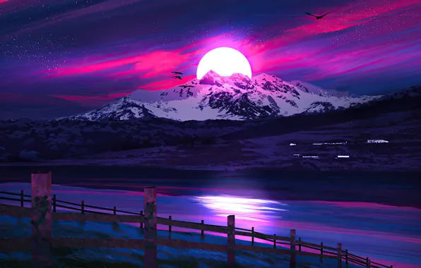 Mountains, birds, river, beauty, the evening, space, river, sunset