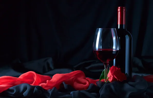 Flower, wine, glass, rose, bottle, fabric, black, red