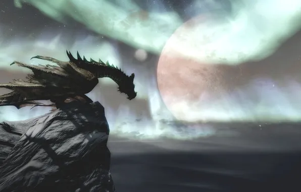 Snow, mountains, dragon, Skyrim, parturnaks, moon.