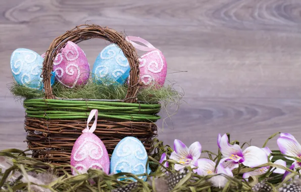 Flowers, Easter, basket, pink, flowers, spring, Easter, eggs