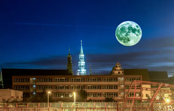The sky, night, lights, the moon, home, Germany, lights, Zwickau