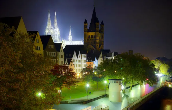 Night, the city, photo, HDR, Germany, lights, Cologne