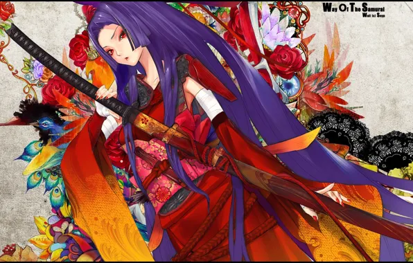 Pattern, katana, kimono, Geisha, long hair, sheath, flowers.red eyes