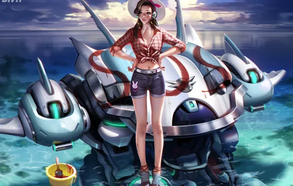 Picture sea, summer, the sky, water, girl, clouds, shorts, robot