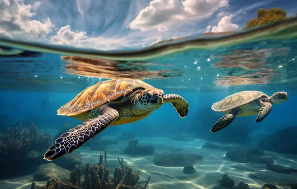 Turtle, sea turtle, sea, AI art, neural network