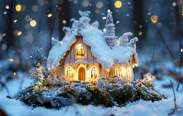 Snow, House, New year, Beauty