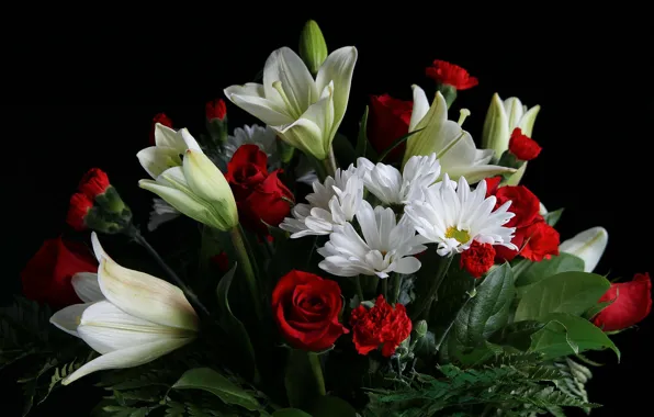 Lily, roses, chamomile, bouquet, petals