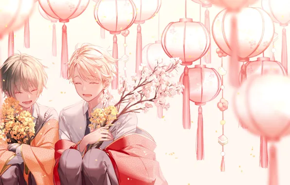 Flowers, boys, twigs, laugh, chinese lanterns