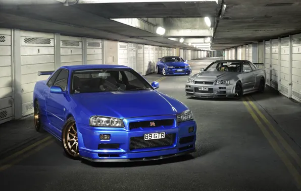 Nissan, skyline, gtr, r34, 3 blue silver blue