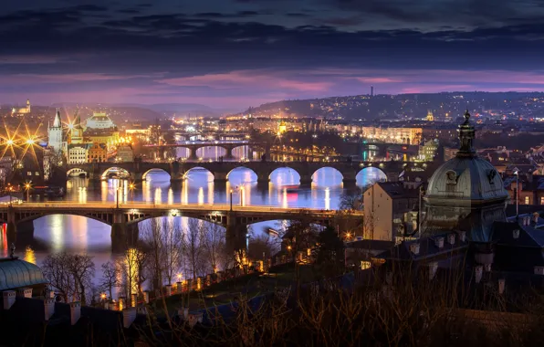 Night, the city, lights, Prague, Czech Republic, architecture