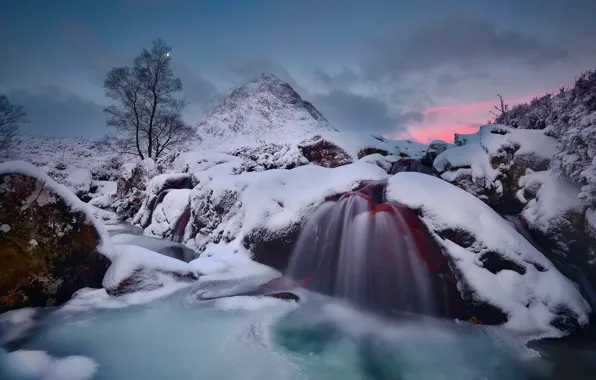 Winter, water, snow, the moon, mountain, ice, stream, the evening