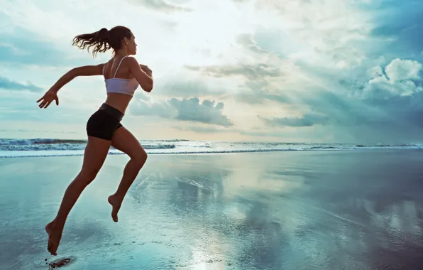 Beach, train, woman run