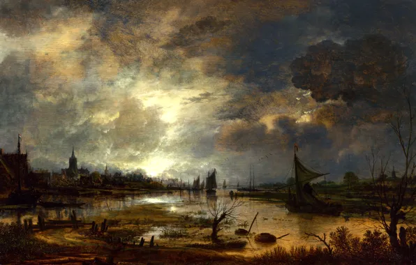 Landscape, night, boat, picture, sail, Art van der NEER, Aert van der Neer, The river …