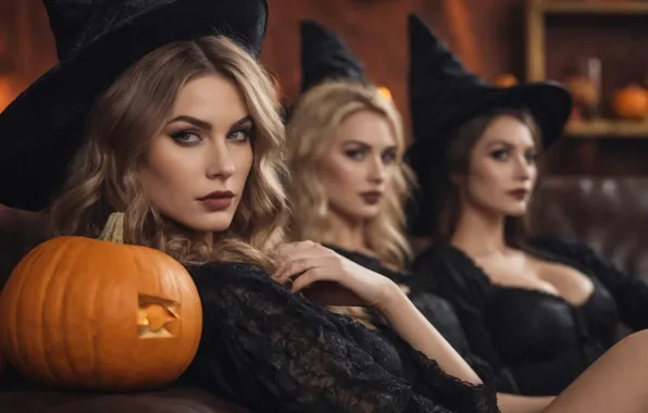 Halloween, girls, blonde, pumpkin, witches, decolette, Alexander Semania