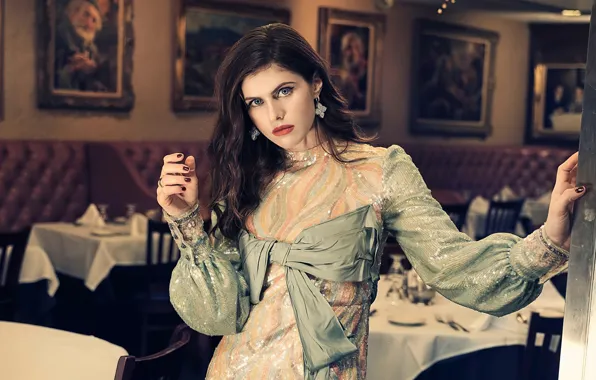 Look, girl, pose, photo, makeup, actress, cafe, Alexandra Daddario