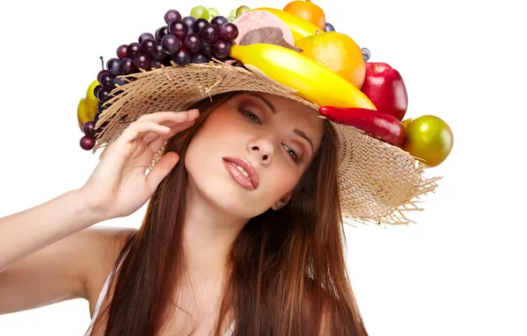 Look, face, hair, hat, fruit