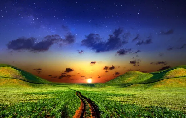 ROAD, HILLS, GRASS, The SKY, STARS, SUNSET, FIELD, GREEN