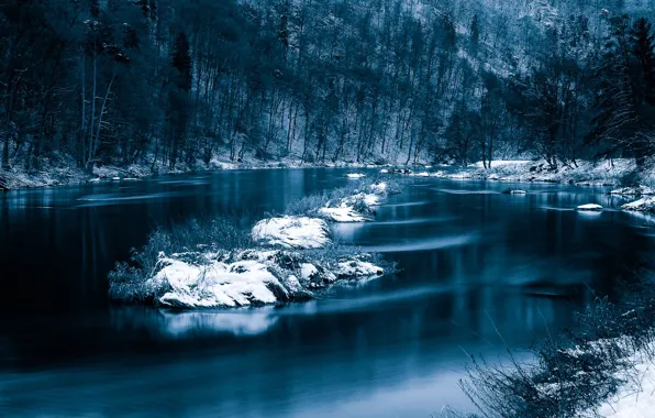 Picture winter, snow, trees, river, Germany, Bayern