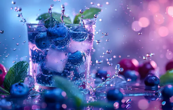 Ice, glass, splash, colorful, blueberries, berry, drink, mint