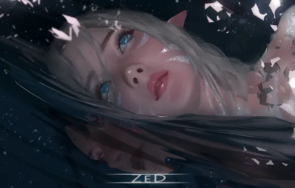 Water, girl, light, reflection, darkness, elf, fantasy, by ZED