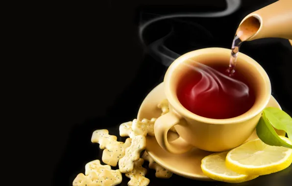 Lemon, tea, Cup, mint, cracker