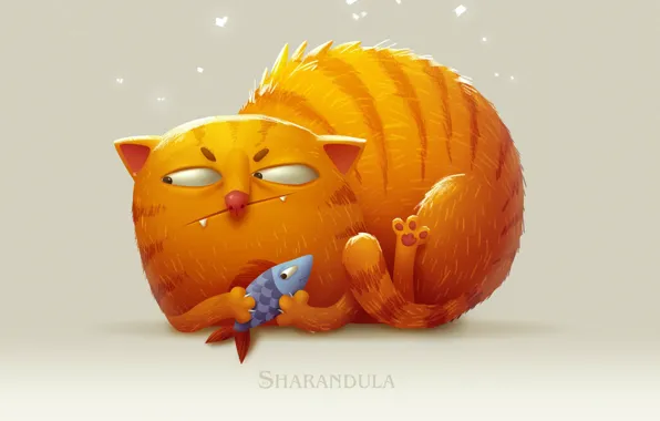 Picture cat, fish, art, cat, Elena Berezina