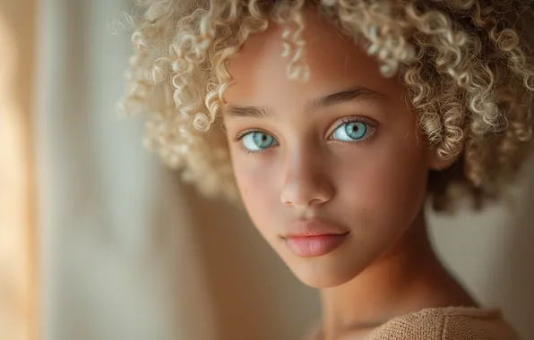Look, face, portrait, blonde, girl, curls, African, blue eyes