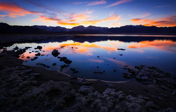 Clouds, mountains, lake, reflection, CA