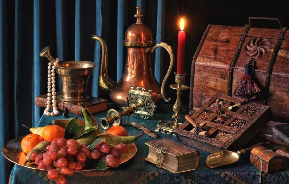 Picture candle, necklace, grapes, book, fruit, chest, still life, pear