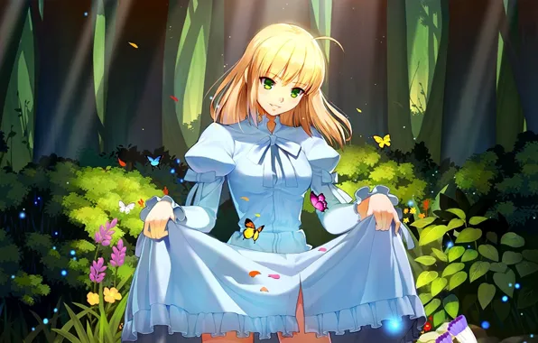 Forest, light, butterfly, lights, flowers, bow, green eyes, blue dress