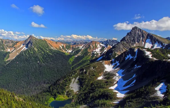 Snow, trees, mountains, lake, USA, USA, the sky.