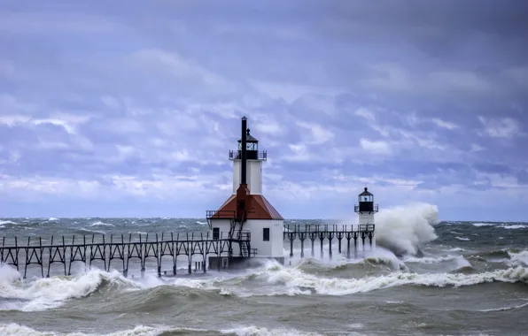 Picture sea, wave, the sky, lighthouse, FL, waves, USA, sky