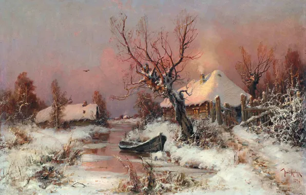 Picture winter, the sky, light, snow, house, river, tree, bird