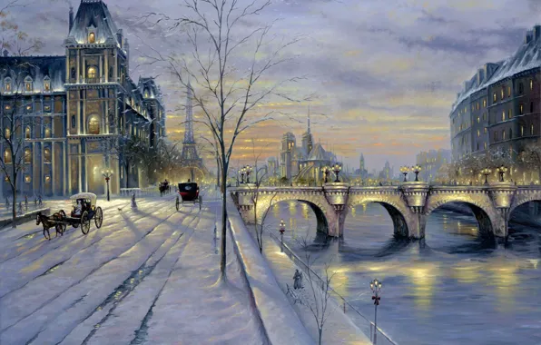 Winter, snow, sunset, street, Paris, picture, Paris, Finale